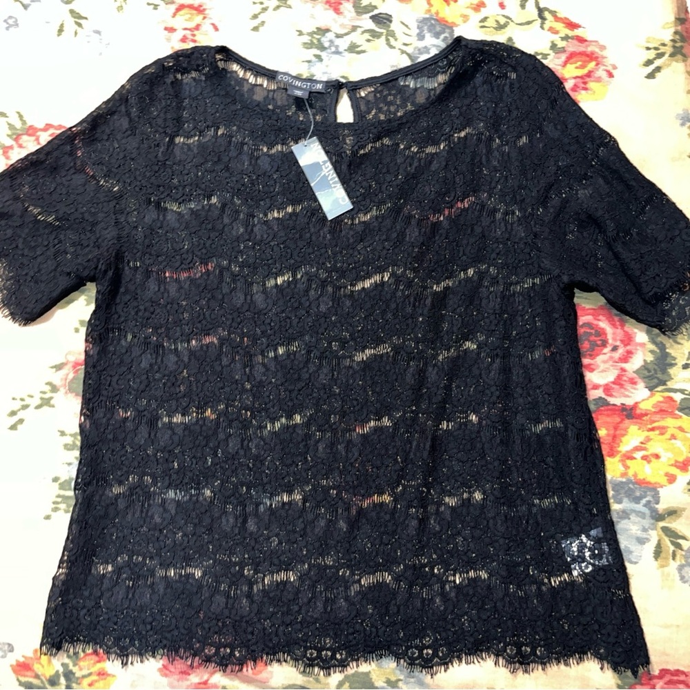 Covington Black Lace Short Sleeve Top NWT!